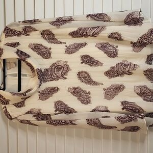 Chicos Cream Burgundy Paisley Pleated Blouse Sz 2 Layered Cowl Neck